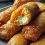 Golden crispy buffalo chicken dip egg rolls with creamy cheesy filling inside.
