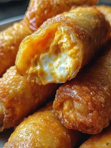 Golden crispy buffalo chicken dip egg rolls with creamy cheesy filling inside.