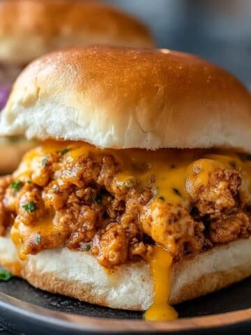 Cajun chicken sloppy joes sandwich with melted cheddar and spicy ground chicken filling.