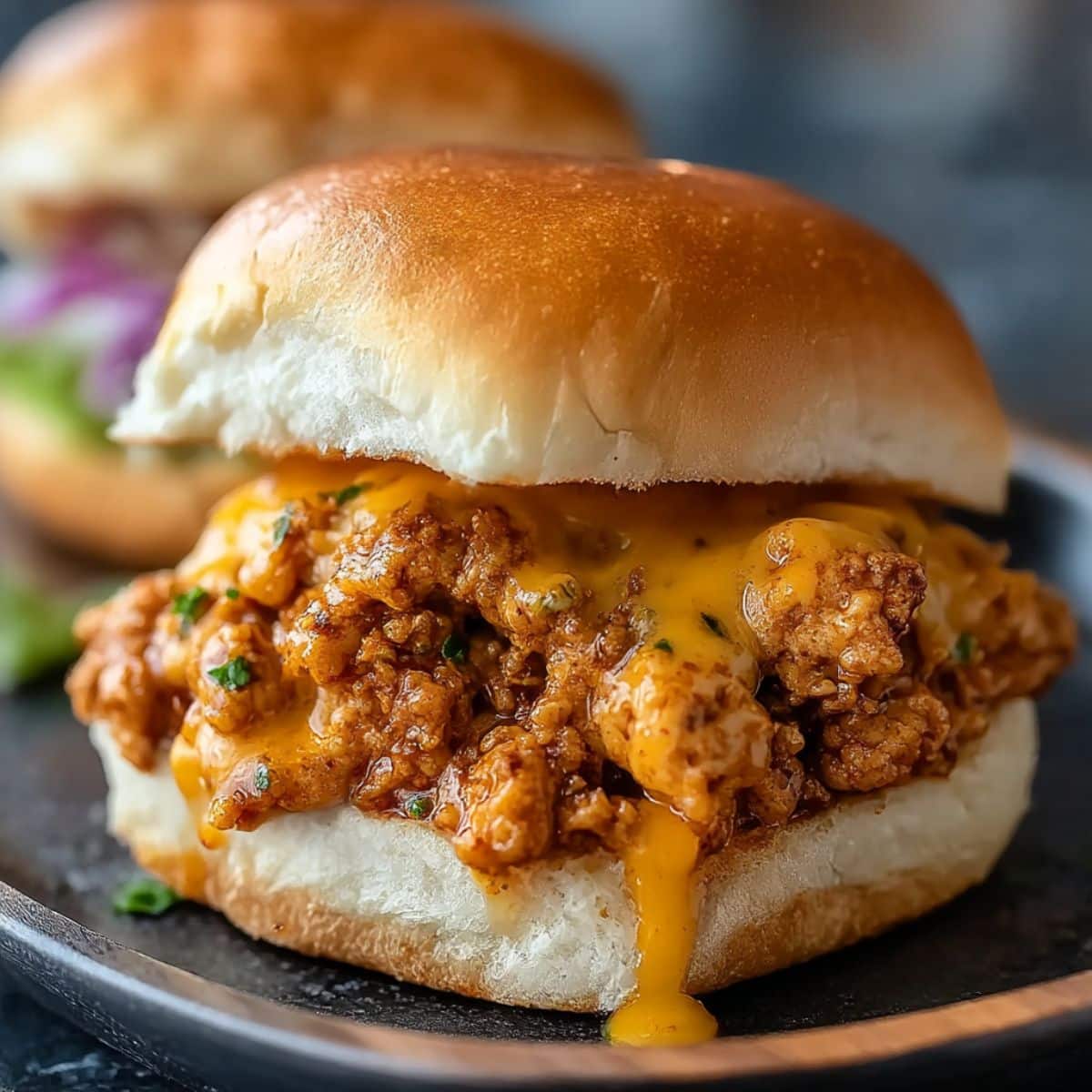 Cajun chicken sloppy joes sandwich with melted cheddar and spicy ground chicken filling.