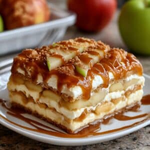Slice of homemade caramel apple eclair cake layered with apples, pudding, and graham crackers. Topped with caramel drizzle and fresh apple slices for a no bake dessert.
