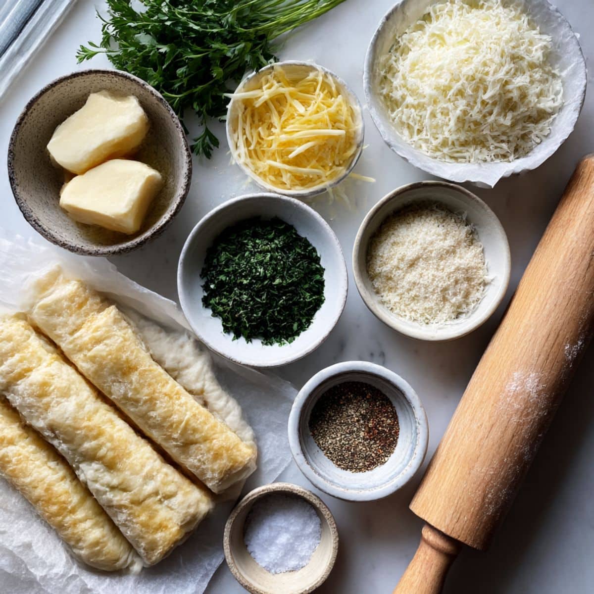 Overhead view of ingredients for cheesy breadsticks including dough, mozzarella, garlic, and butter.