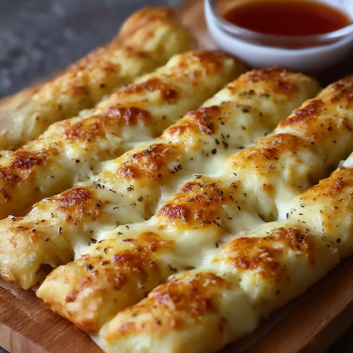 Golden homemade cheesy breadsticks topped with garlic butter and herbs, served with marinara sauce