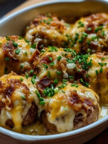 Cheesy Mississippi Mud Potatoes baked with crispy bacon, melted cheddar, and creamy ranch sauce, topped with fresh chives.