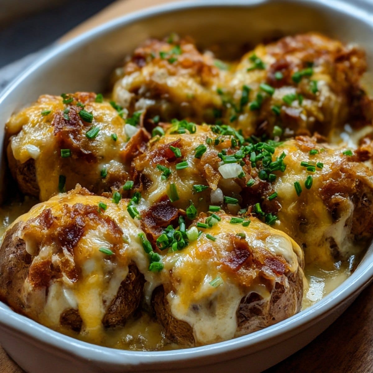 Cheesy Mississippi Mud Potatoes baked with crispy bacon, melted cheddar, and creamy ranch sauce, topped with fresh chives.