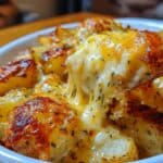 Cheesy ranch potatoes with golden crispy edges and gooey melted cheddar cheese pull. Perfect homemade side dish full of ranch flavor.