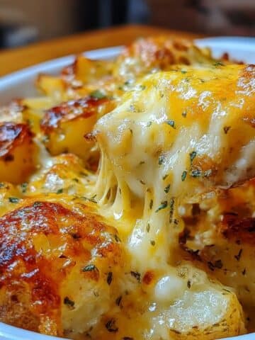 Cheesy ranch potatoes with golden crispy edges and gooey melted cheddar cheese pull. Perfect homemade side dish full of ranch flavor.