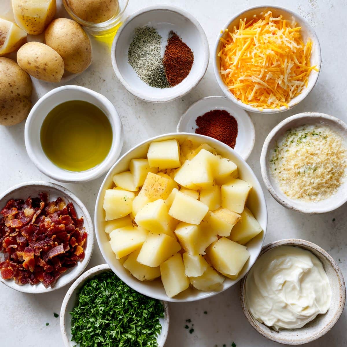 Ingredients including Yukon Gold potatoes, ranch seasoning, cheese, bacon, and parsley for cheesy ranch potatoes.