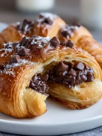 Flaky, golden-brown chocolate croissant filled with melted chocolate chips and topped with powdered sugar, served on a white plate for a mouthwatering pastry presentation.