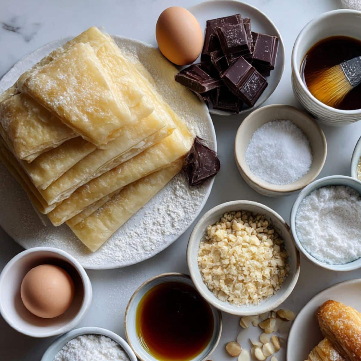 Overhead photo of puff pastry, dark chocolate, egg wash, sugar, almonds, and toppings for making homemade chocolate croissants.