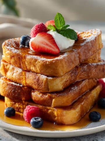 Thick cinnamon French toast slices stacked high, golden and caramelized with crisp edges, topped with whipped cream, fresh mint, juicy strawberries, blueberries, and raspberries, drizzled with maple syrup and dusted with powdered sugar on a white plate.