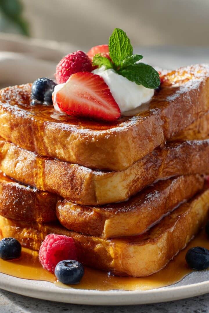 Thick cinnamon French toast slices stacked high, golden and caramelized with crisp edges, topped with whipped cream, fresh mint, juicy strawberries, blueberries, and raspberries, drizzled with maple syrup and dusted with powdered sugar on a white plate.