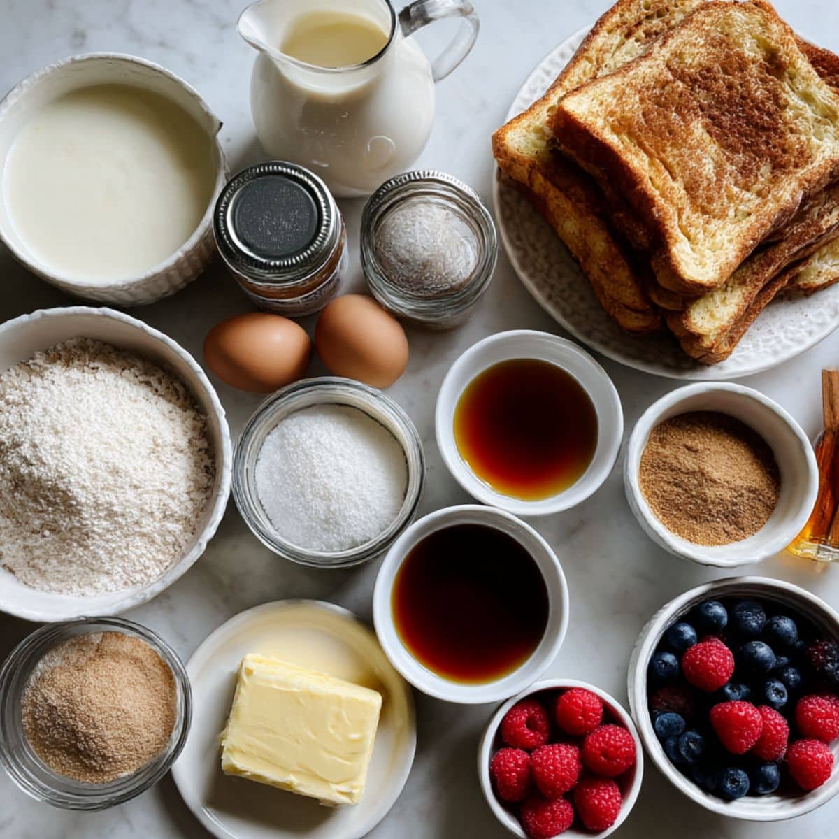 All ingredients for cinnamon French toast on white kitchen counter, includes eggs, milk, cinnamon, bread, butter, vanilla, sugar, and toppings
