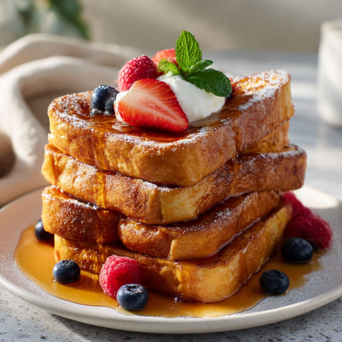 Thick cinnamon French toast slices stacked high, golden and caramelized with crisp edges, topped with whipped cream, fresh mint, juicy strawberries, blueberries, and raspberries, drizzled with maple syrup and dusted with powdered sugar on a white plate.