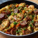 Dirty rice with sausage and shrimp cooked with Cajun spices, bell peppers, and parsley in a skillet.