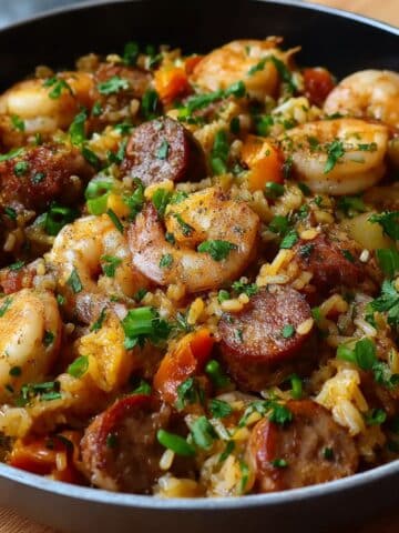 Dirty rice with sausage and shrimp cooked with Cajun spices, bell peppers, and parsley in a skillet.