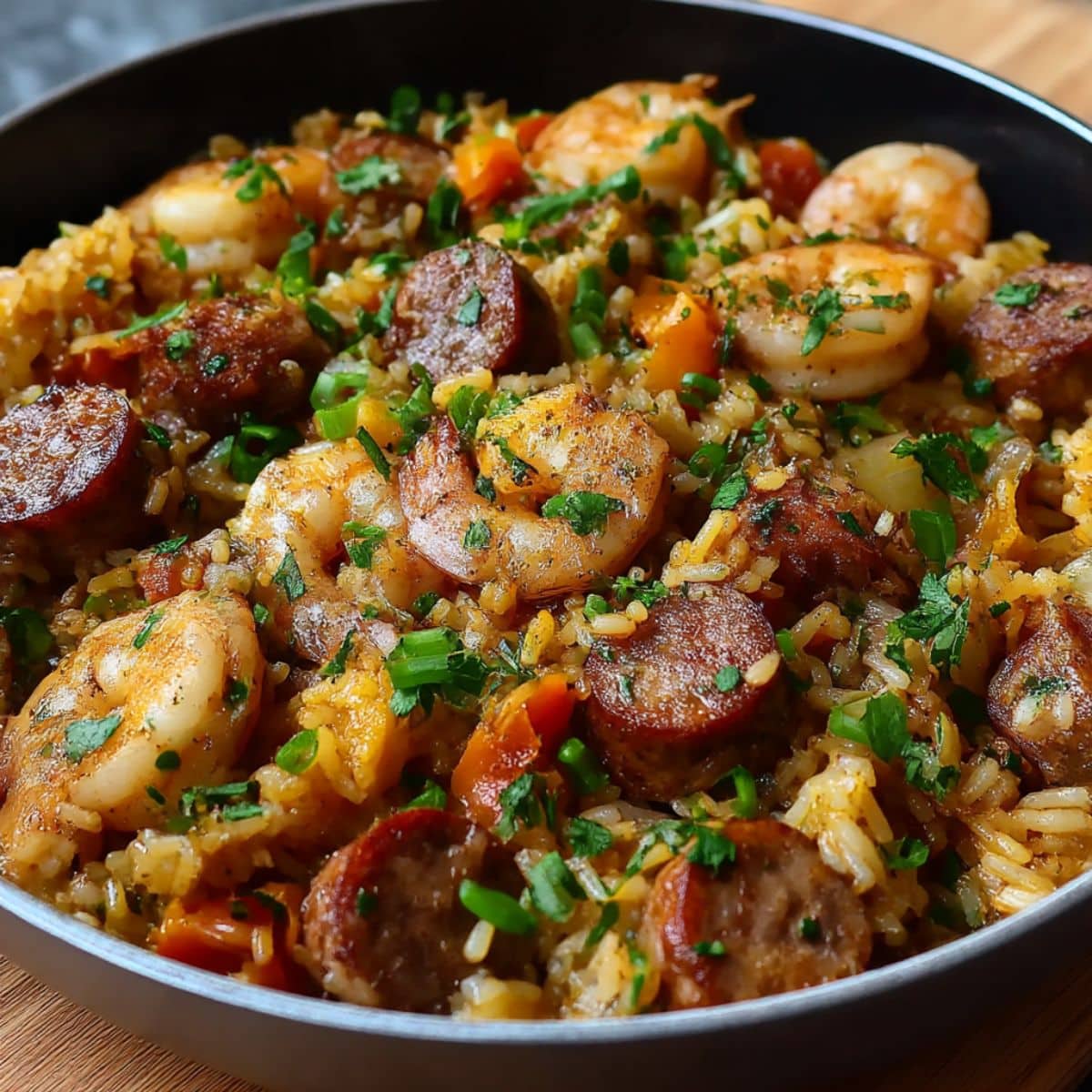 Dirty rice with sausage and shrimp cooked with Cajun spices, bell peppers, and parsley in a skillet.