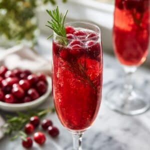 Sparkling cranberry mimosa made with Prosecco, cranberry juice, and fresh rosemary sprigs.
