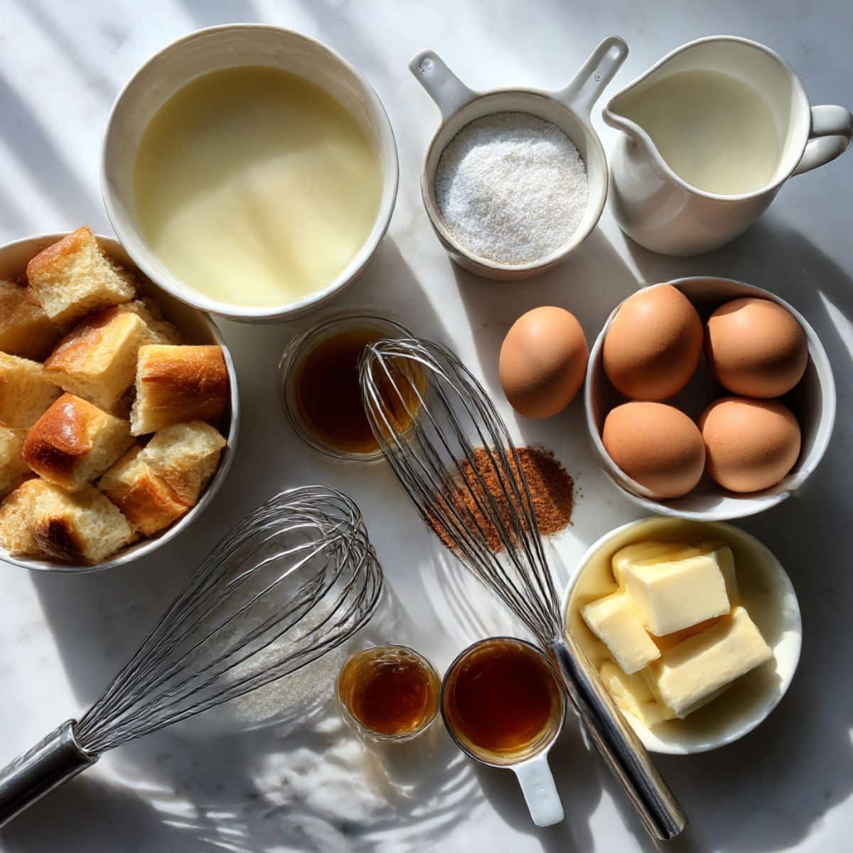 Overhead shot of french toast casserole ingredients including brioche, eggs, milk, sugar, and cinnamon.