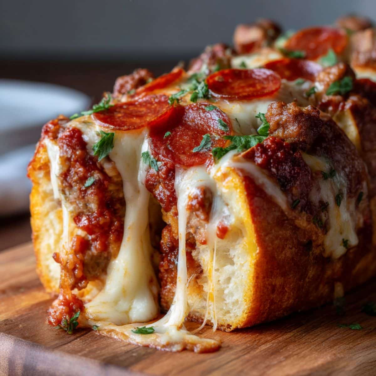 Cheesy stuffed garbage bread with pepperoni, sausage, and melted mozzarella.