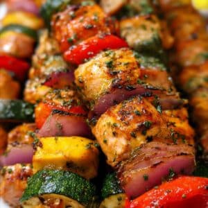 Grilled chicken kabobs with colorful vegetables, charred edges, and fresh herbs for the perfect summer meal.