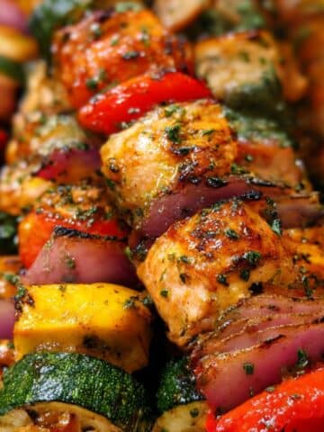 Grilled chicken kabobs with colorful vegetables, charred edges, and fresh herbs for the perfect summer meal.
