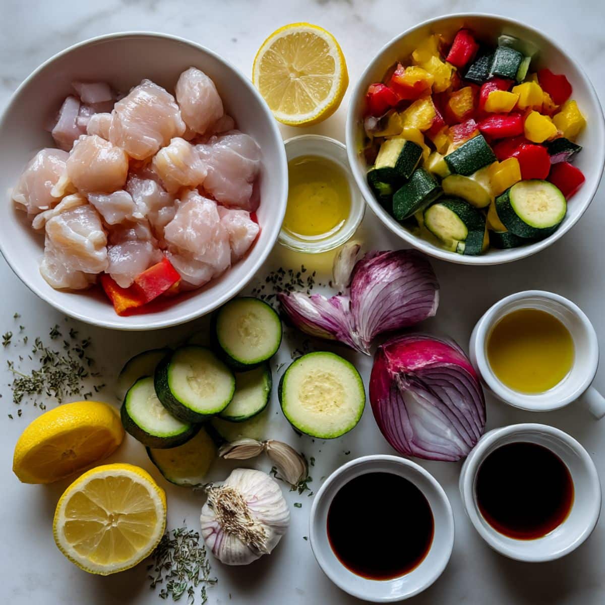 Fresh ingredients for grilled chicken kabobs on a white counter with chicken, peppers, onion, and lemon.