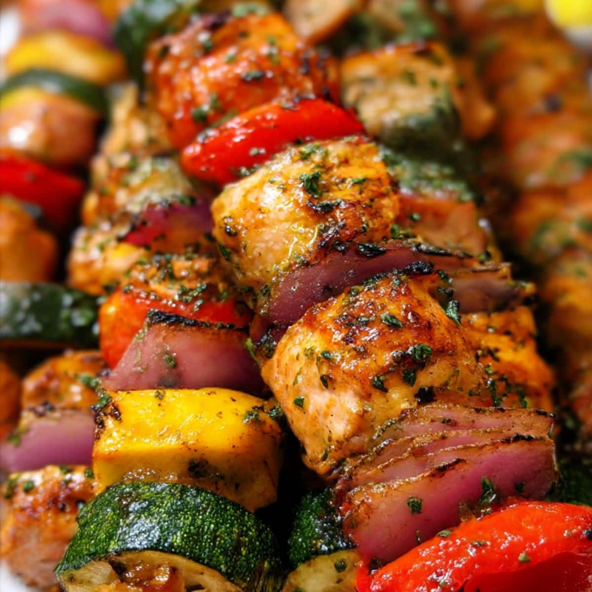 Grilled chicken kabobs with colorful vegetables, charred edges, and fresh herbs for the perfect summer meal.