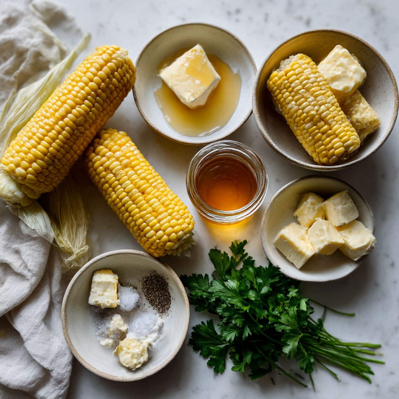 Ingredients for honey butter skillet corn including corn, butter, honey, cream cheese, and parsley on a white kitchen counter.