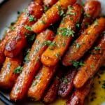 Honey garlic butter roasted carrots glistening with caramelized glaze and sprinkled with fresh parsley.