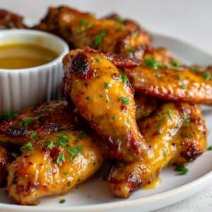 Sticky honey mustard chicken wings coated in a thick, glossy glaze, garnished with fresh chopped parsley and served on a white plate with a ramekin of dipping sauce in the background.