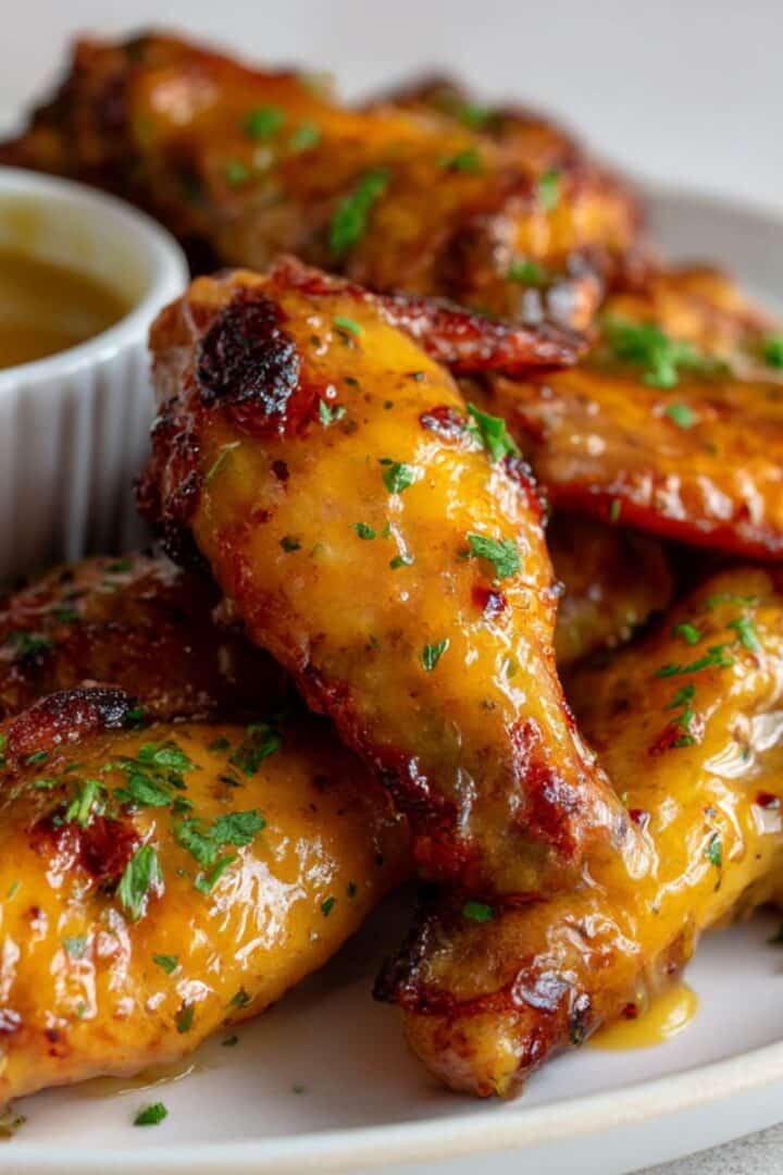 Sticky honey mustard chicken wings coated in a thick, glossy glaze, garnished with fresh chopped parsley and served on a white plate with a ramekin of dipping sauce in the background.