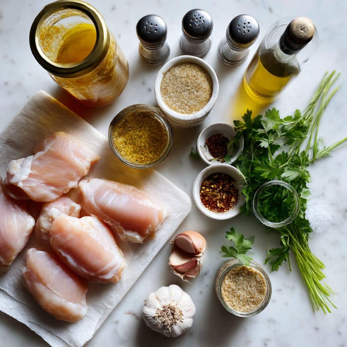 Fresh honey mustard chicken ingredients arranged on white counter including chicken and sauce components.