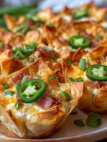 Golden crispy jalapeño popper wonton cups filled with creamy cheese, bacon, and jalapeños, topped with melted cheddar and sliced green onions.