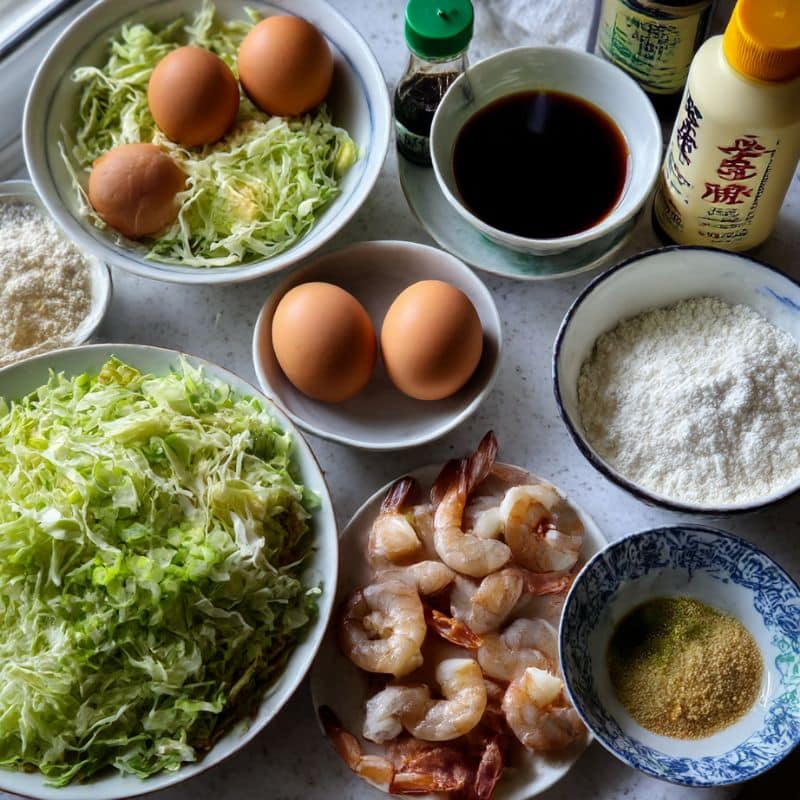 Overhead shot of Japanese cabbage pancake ingredients including cabbage, eggs, flour, and sauces.