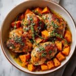 Maple glazed chicken with roasted sweet potatoes topped with chopped pecans and fresh thyme, coated in glossy maple Dijon glaze for a cozy fall dinner.