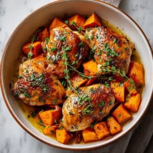 Maple glazed chicken with roasted sweet potatoes topped with chopped pecans and fresh thyme, coated in glossy maple Dijon glaze for a cozy fall dinner.