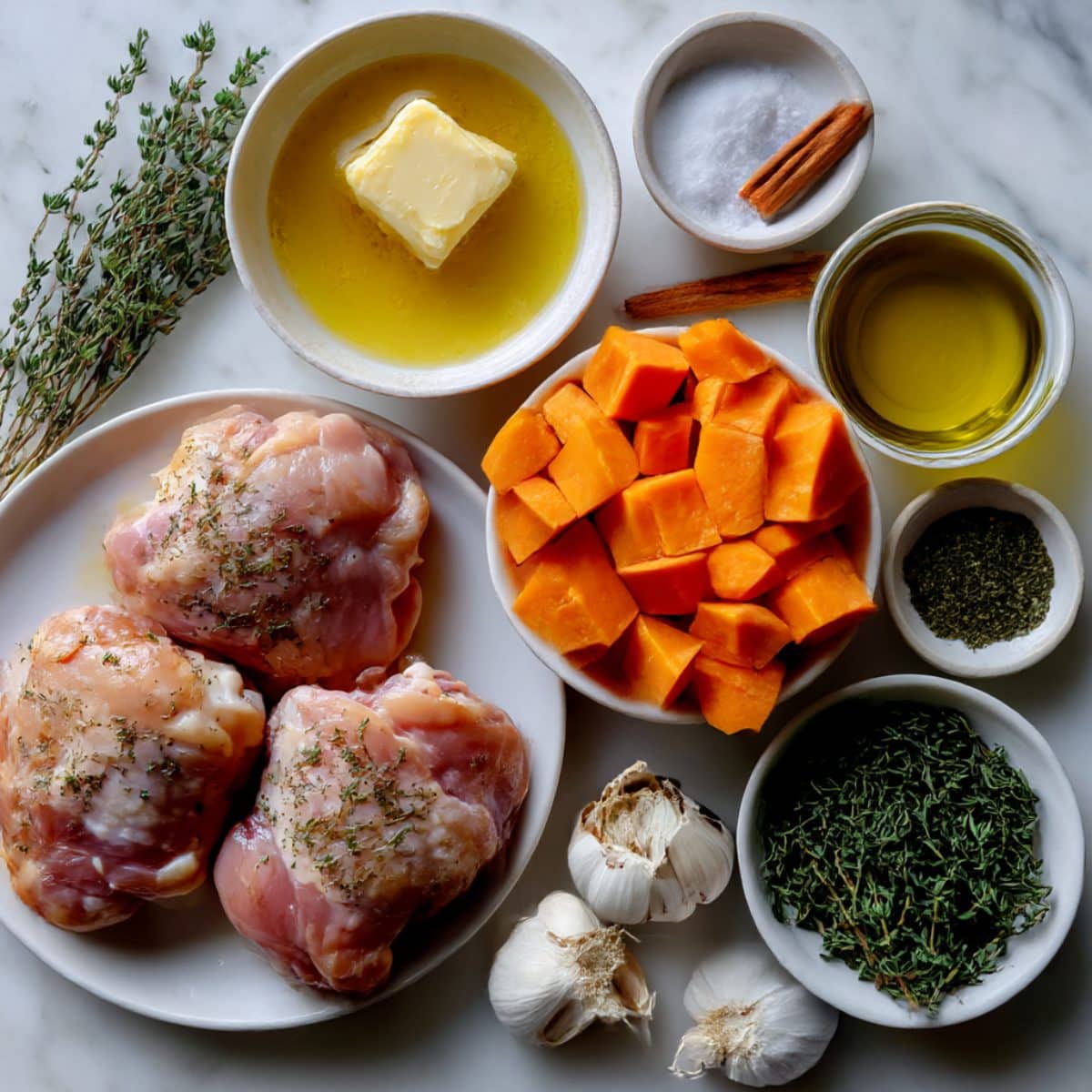 Ingredients for maple glazed chicken with sweet potatoes including chicken thighs, sweet potatoes, maple syrup, Dijon mustard, garlic, butter, thyme, and pecans.