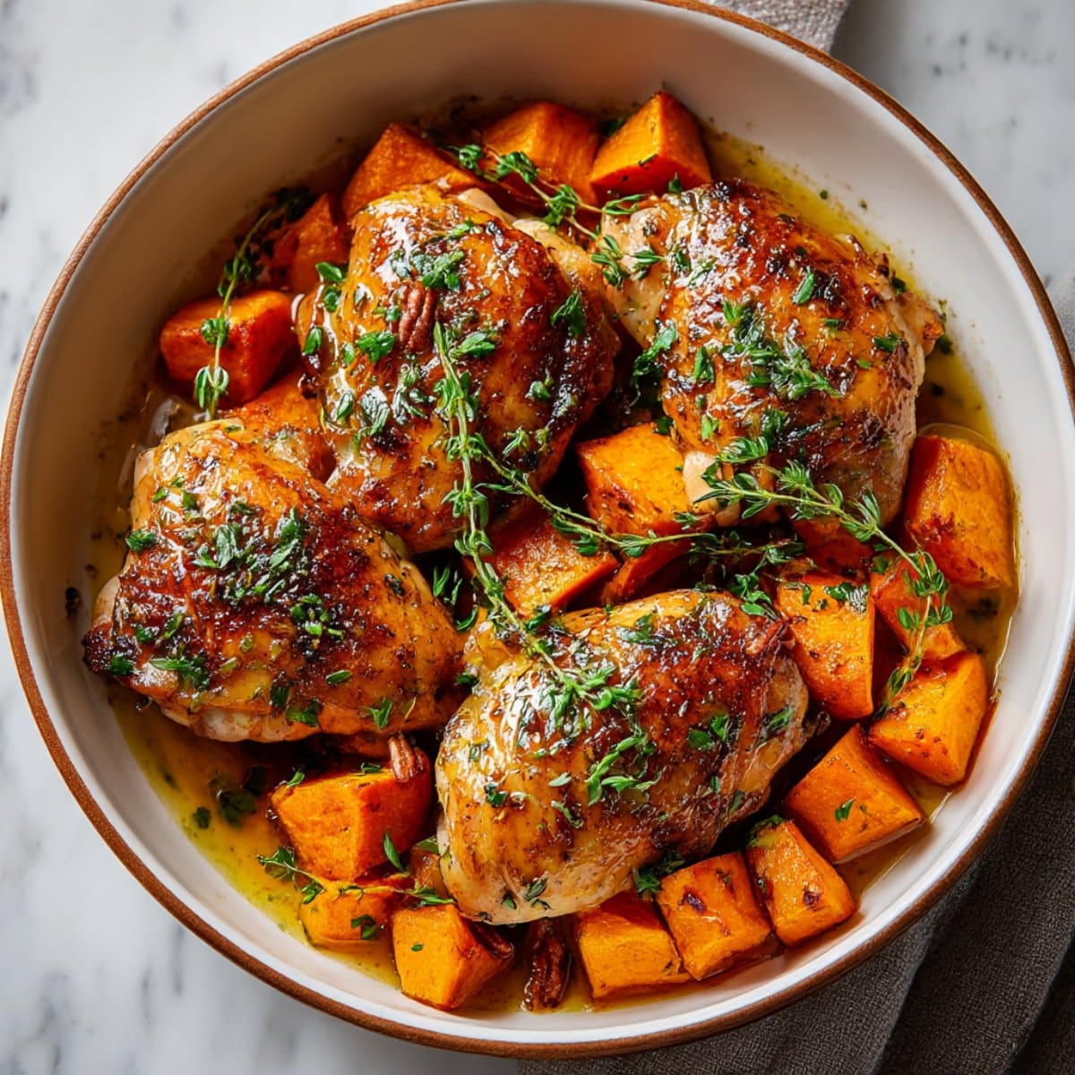 Maple glazed chicken with roasted sweet potatoes topped with chopped pecans and fresh thyme, coated in glossy maple Dijon glaze for a cozy fall dinner.