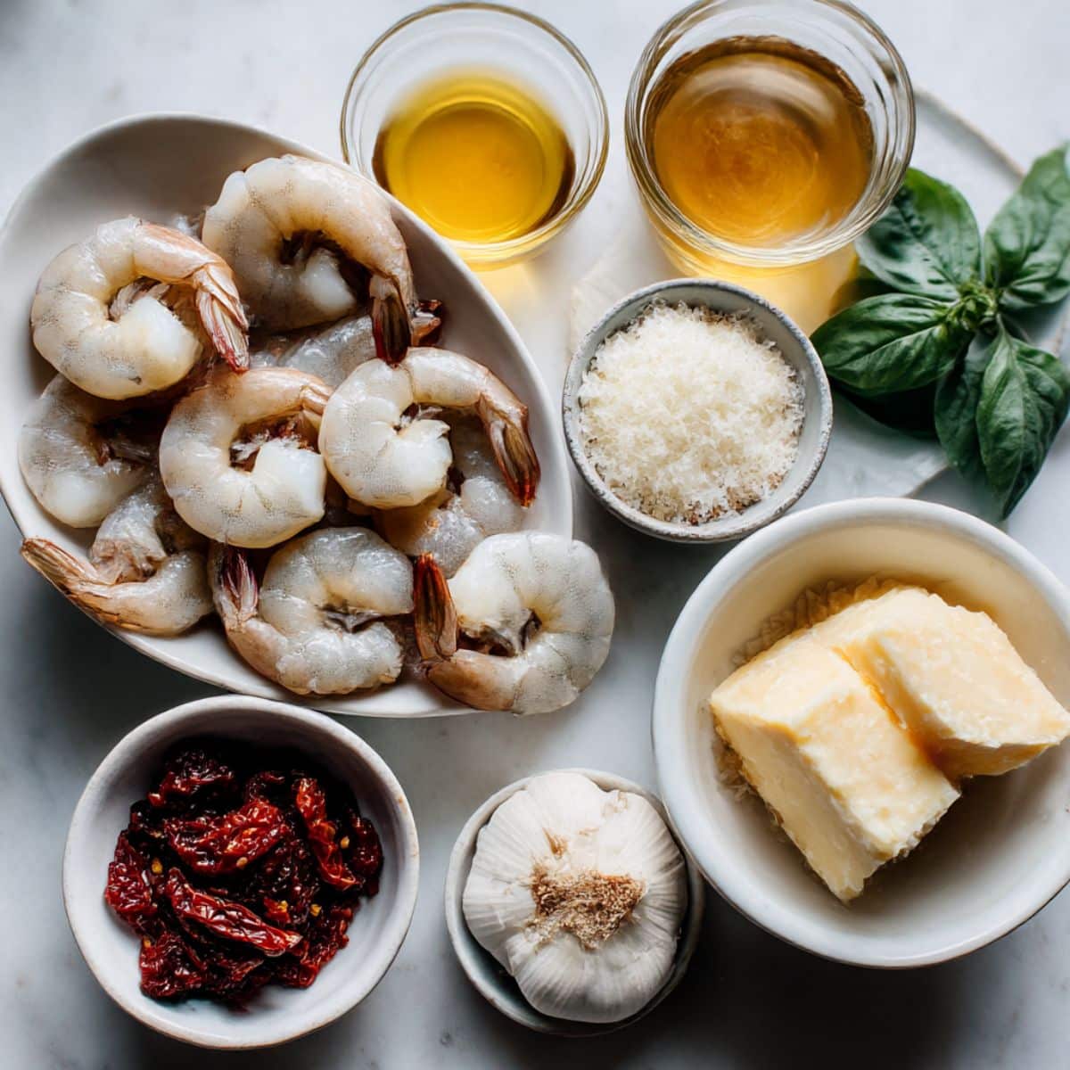 Overhead shot of marry me shrimp ingredients including shrimp, cream, parmesan, garlic, and sun-dried tomatoes.