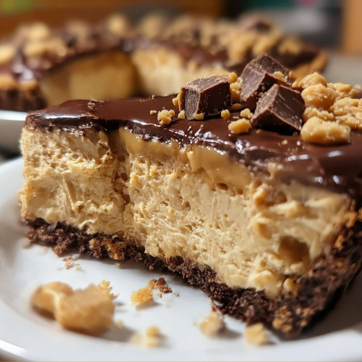 Slice of creamy peanut butter pie with chocolate ganache and Oreo crust topped with chopped peanuts.