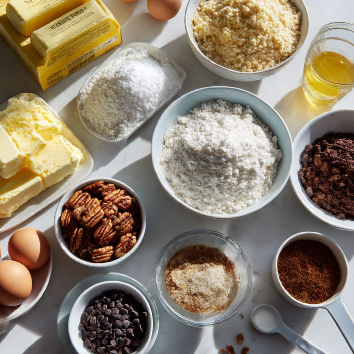 Overhead shot of Neiman Marcus cake ingredients including butter, cream cheese, cake mix, sugar, and eggs.