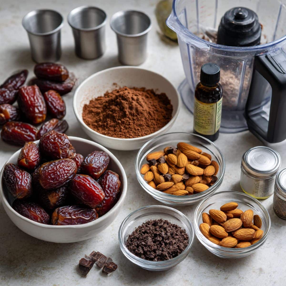 Ingredients for no bake brownie bites including Medjool dates, almonds, cocoa powder, chocolate chunks, and vanilla extract arranged on a white kitchen counter.