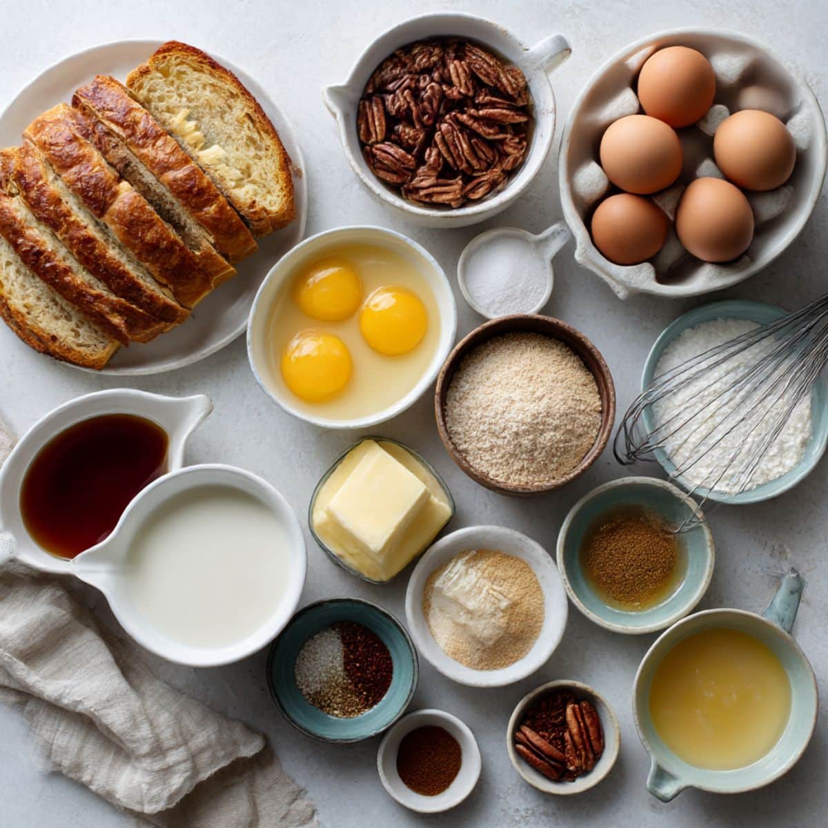 Overhead shot of pecan pie french toast ingredients including brioche, eggs, milk, butter, brown sugar, and pecans.