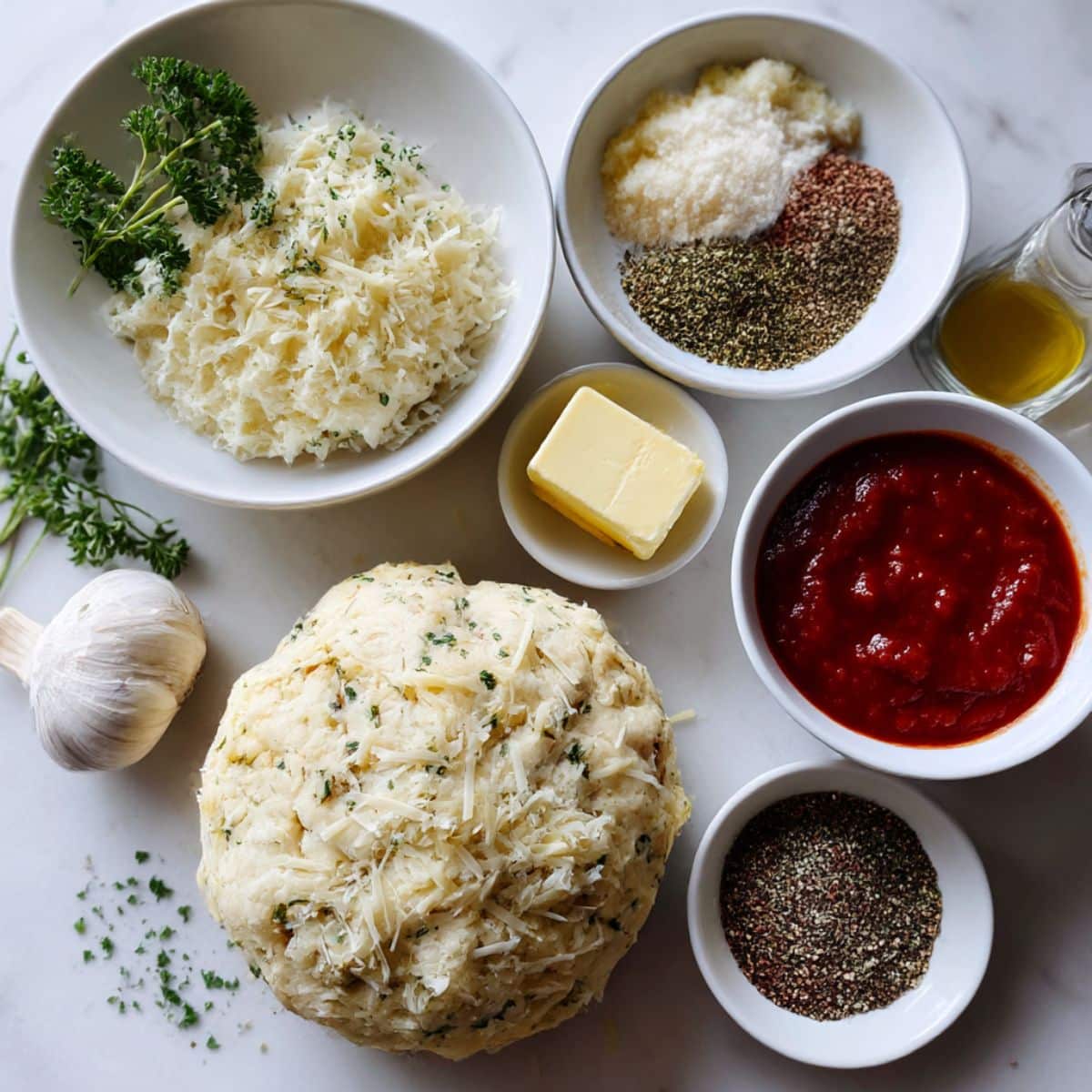 Overhead photo of parmesan bread bites ingredients including dough, butter, garlic, and parmesan on a white counter.