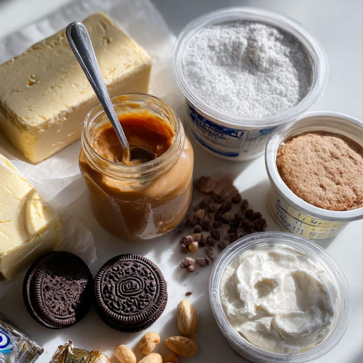 All ingredients for homemade peanut butter pie on a white counter, including Oreos, peanut butter, and cream cheese.