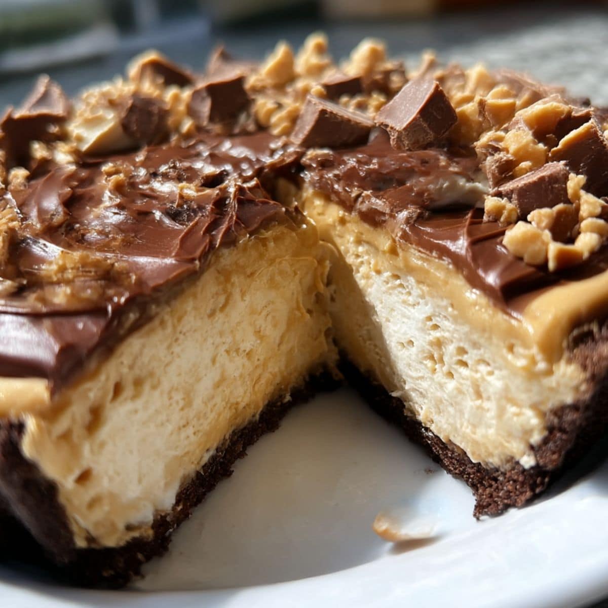 Whole peanut butter pie with chocolate topping and peanut garnish, sliced to show fluffy filling