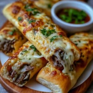 Homemade philly cheesesteak breadsticks stuffed with steak, peppers, onions, and melted provolone cheese.