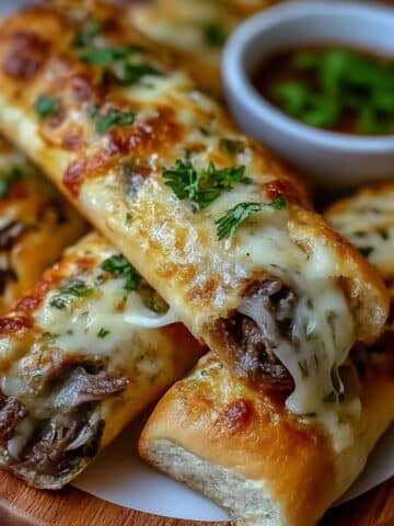 Homemade philly cheesesteak breadsticks stuffed with steak, peppers, onions, and melted provolone cheese.