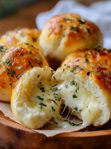 Golden Pillsbury biscuit garlic butter cheese bombs with melted mozzarella center.